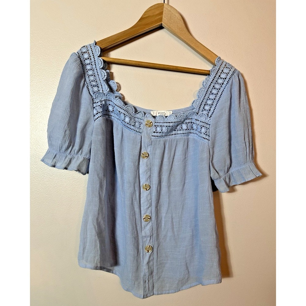 MINE Top Womens Small Blue Crochet Trim Button Cottagecore Peasant Blouse Puff S